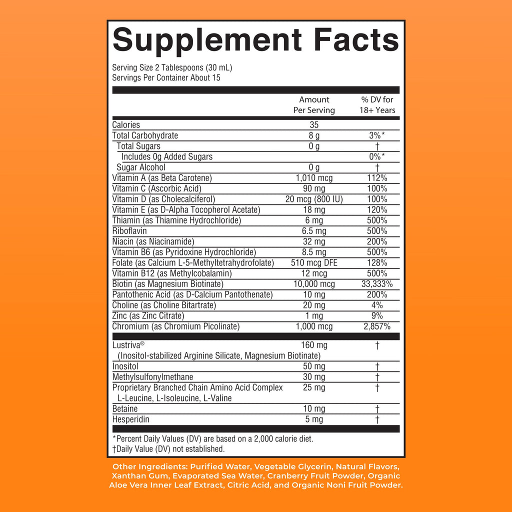 Liquid Morning Multivitamin + Hair Growth 15oz Peach Mango Supplement Facts