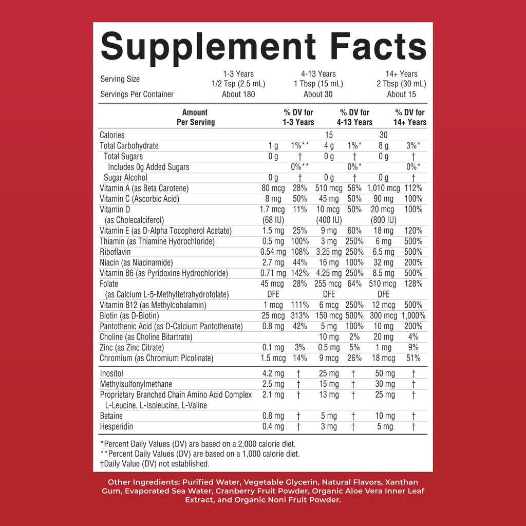Liquid Morning Multivitamin Raspberry 15oz Supplement Facts