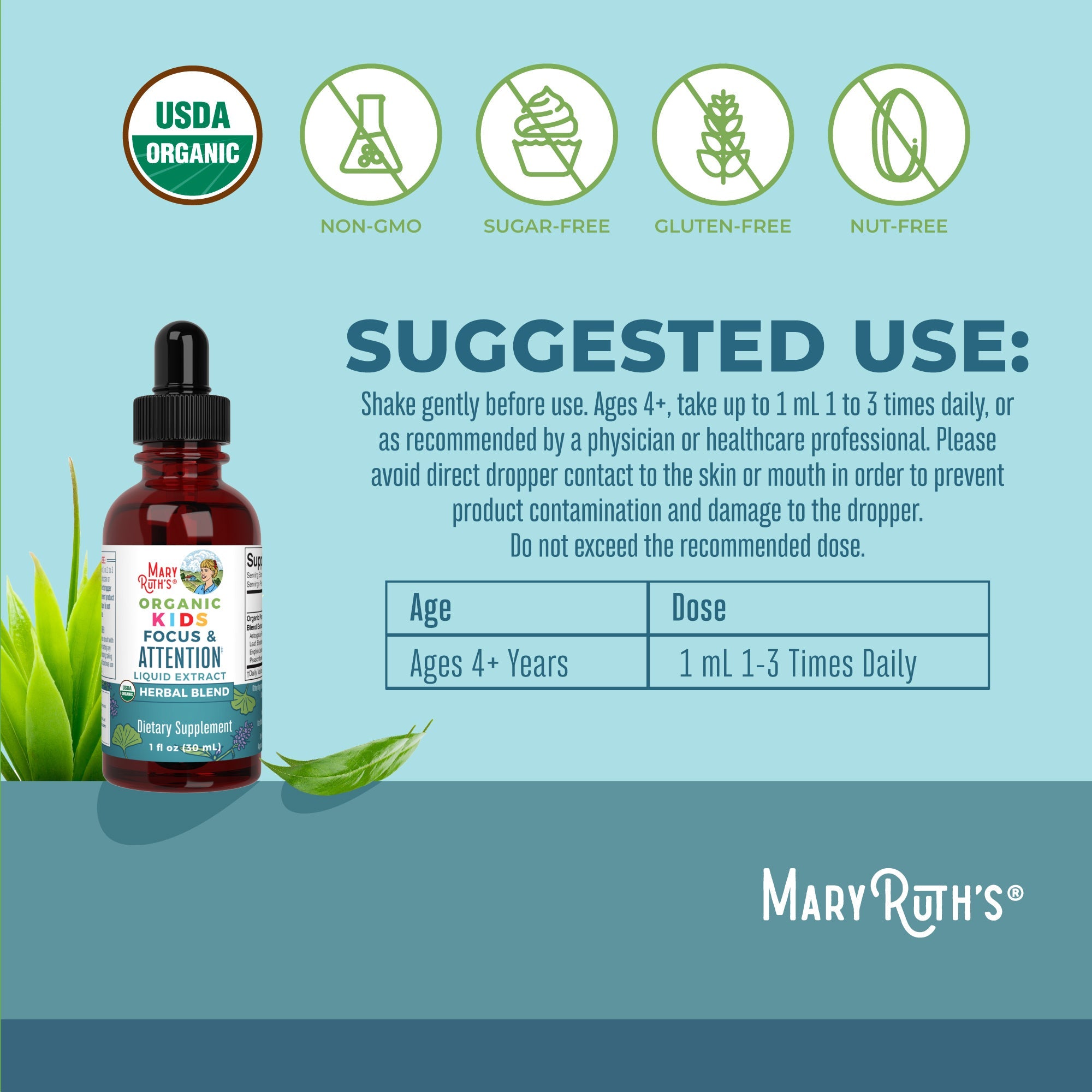 Organic Kids Focus & Attention Liquid Drops 1oz Suggested Use