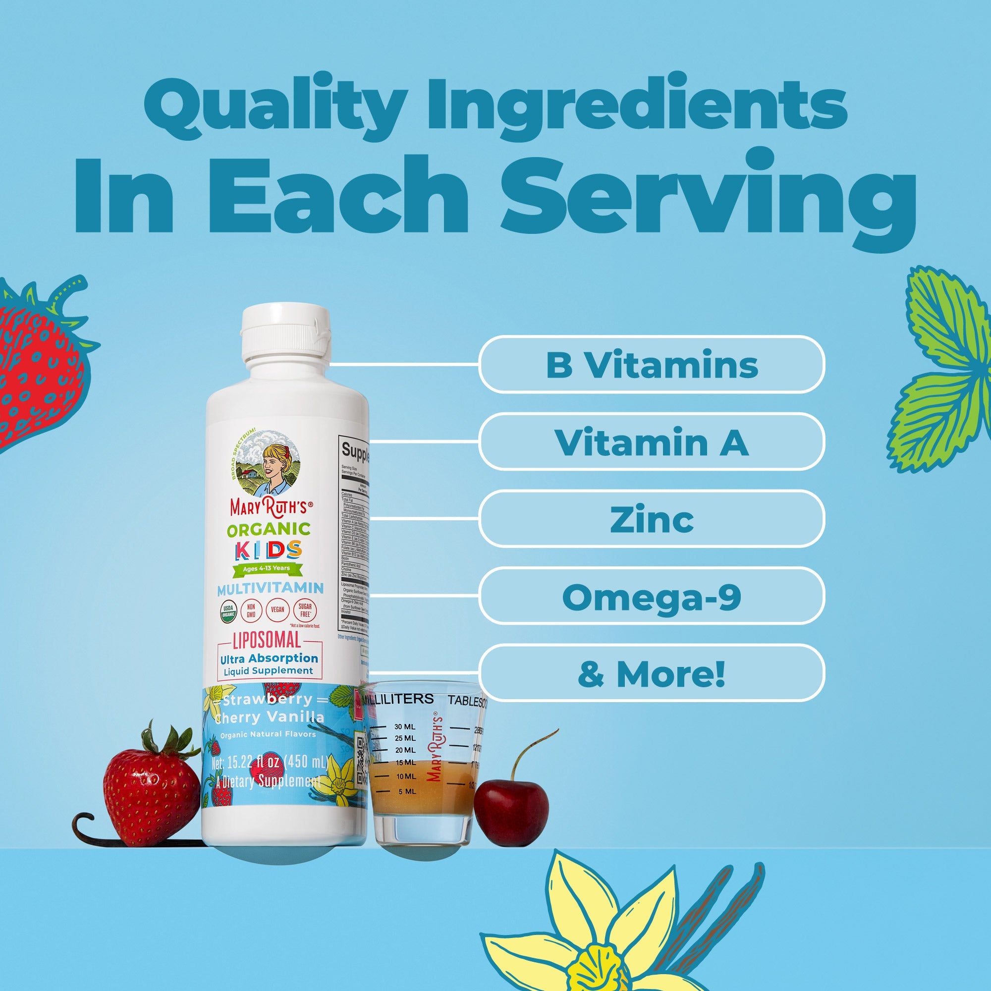 Organic Kids Multivitamin Liposomal Strawberry Cherry Vanilla 15oz Ingredients