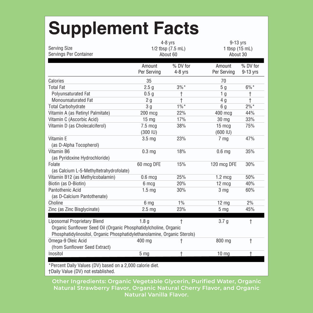 Organic Kids Multivitamin Liposomal Strawberry Cherry Vanilla 15oz Supplement Facts