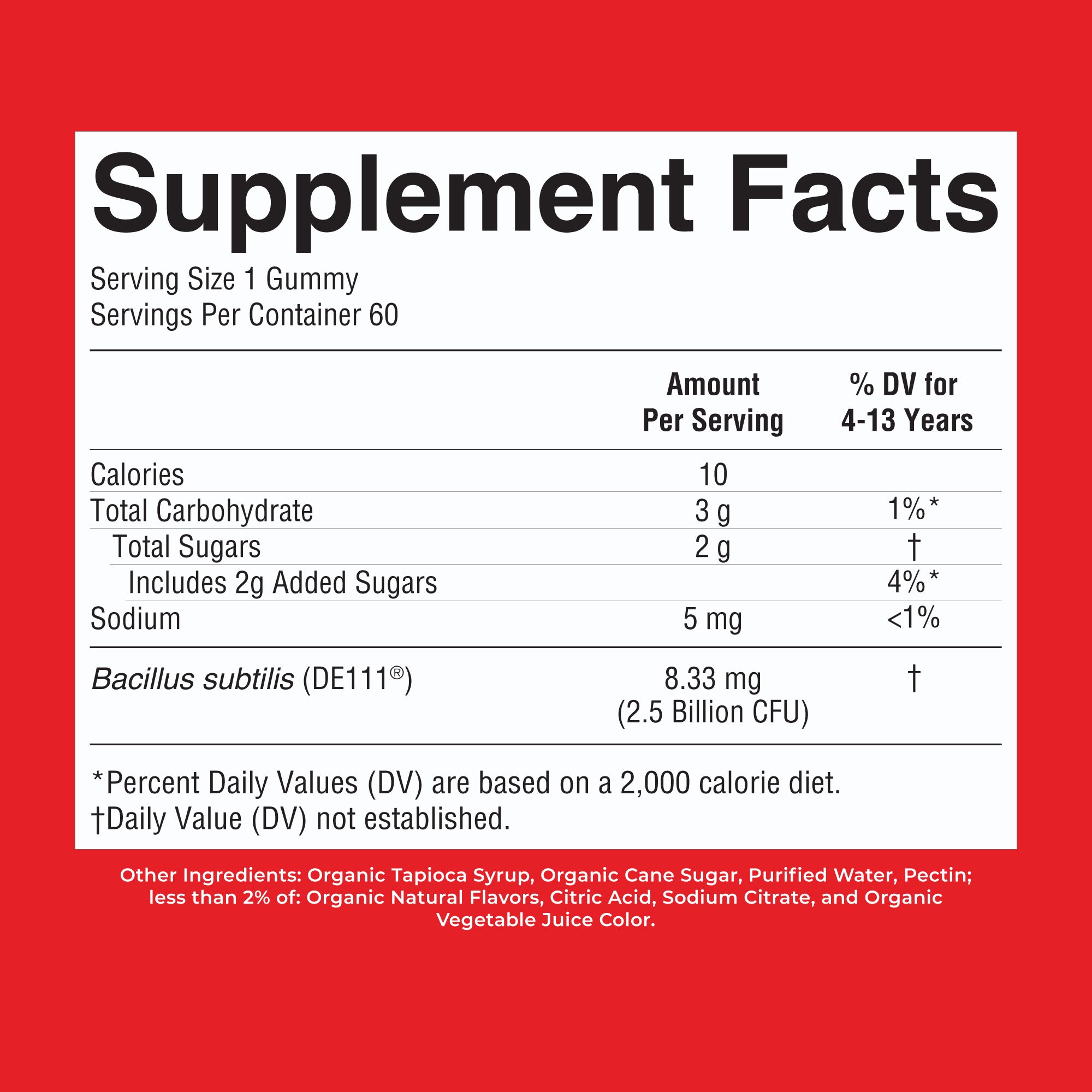 Organic Kids Probiotic Gummies Strawberry 60ct Supplement Facts