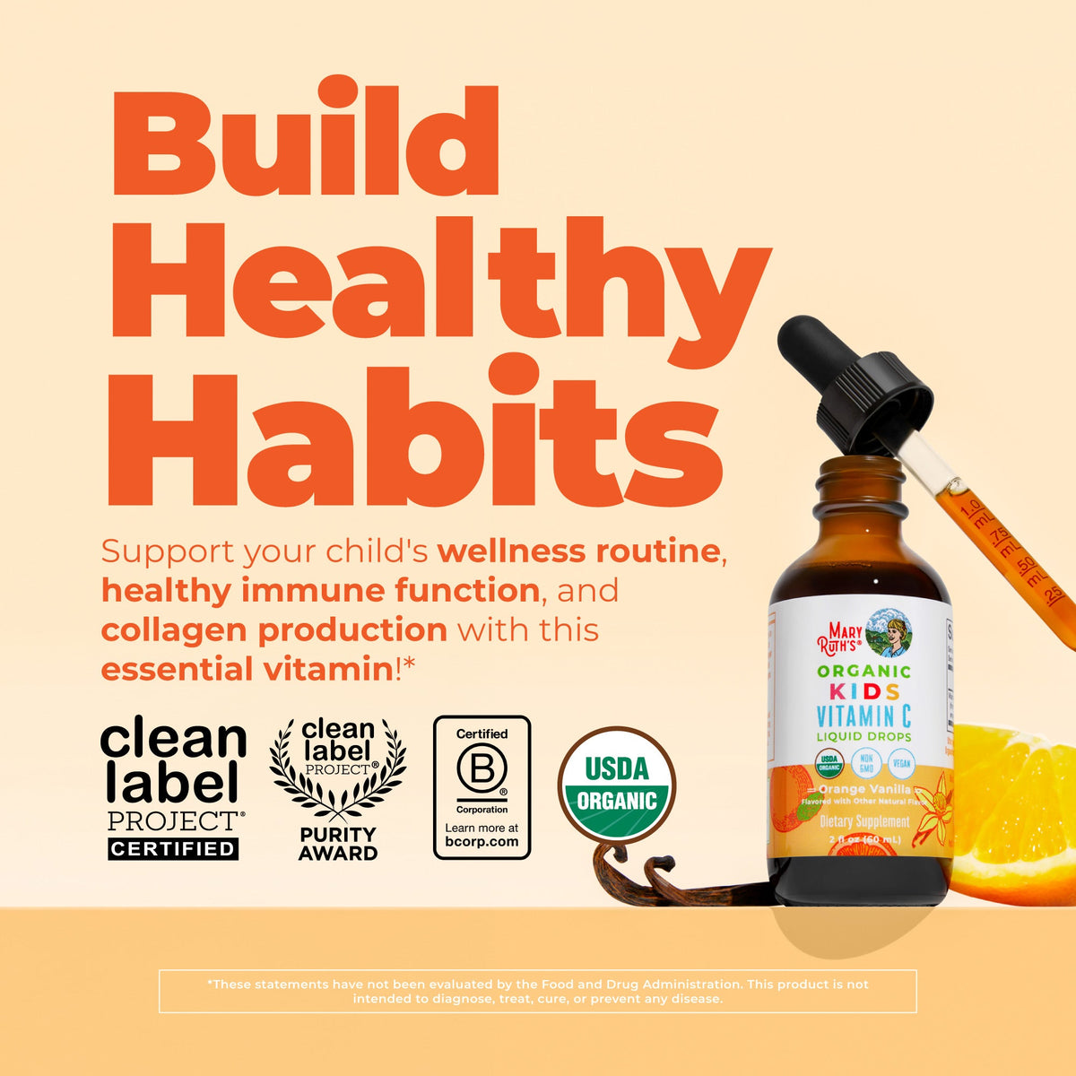 Organic Kids Vitamin C Liquid Drops Orange Vanilla 2oz Build Healthy Habits