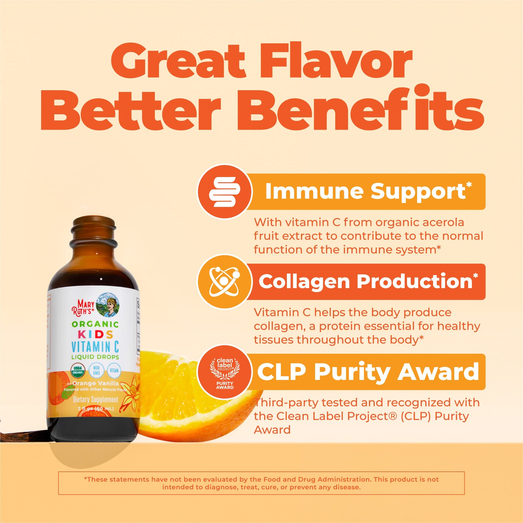 Organic Kids Vitamin C Liquid Drops Orange Vanilla 2oz Great Flavor Better Benefits