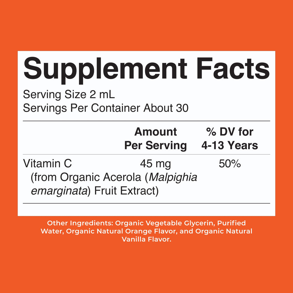 Organic Kids Vitamin C Liquid Drops Orange Vanilla 2oz Supplement Facts