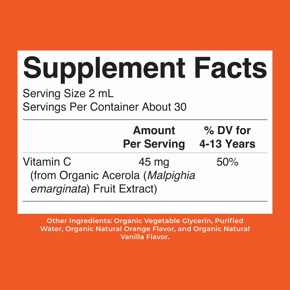 Organic Kids Vitamin C Liquid Drops Orange Vanilla 2oz Supplement Facts