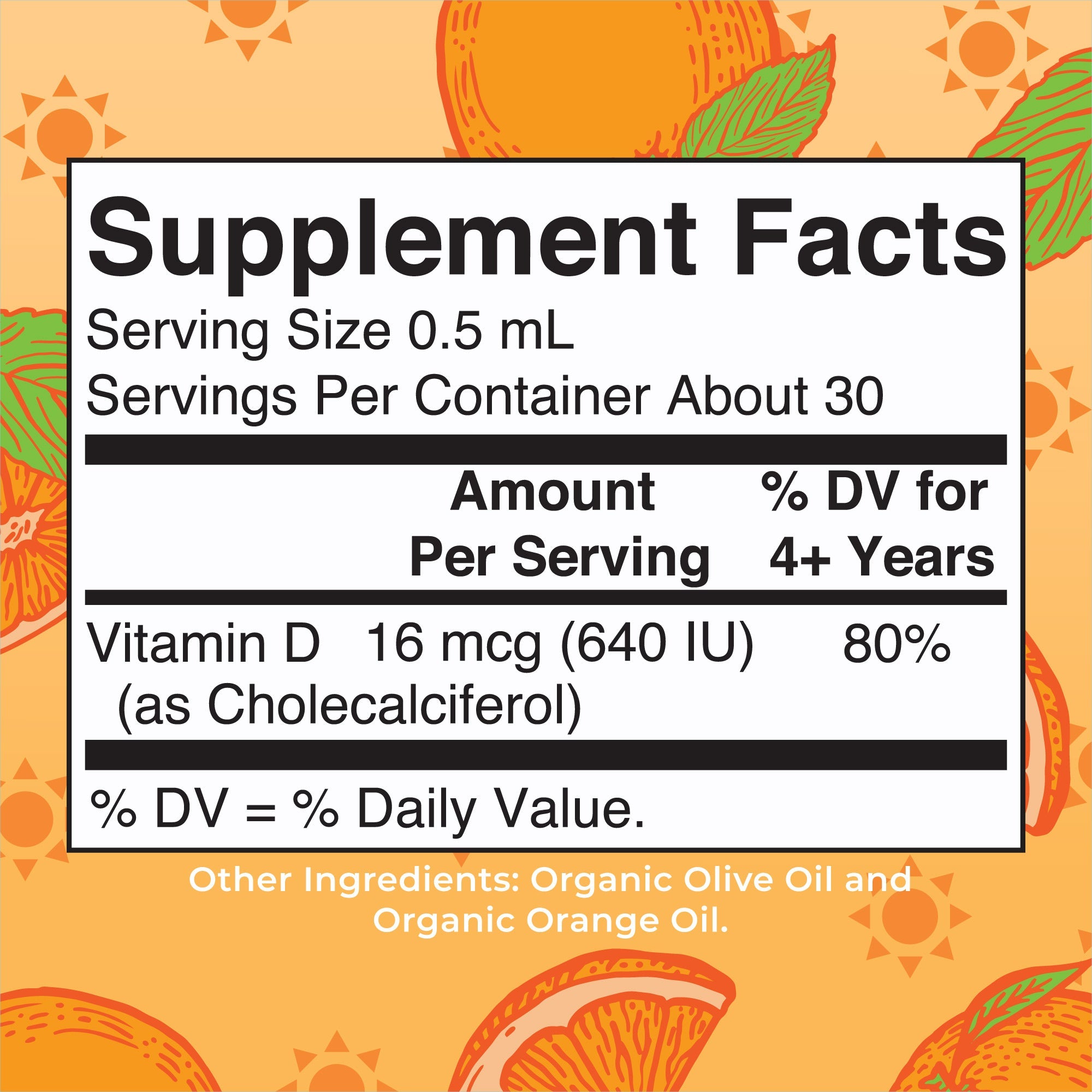 Organic Kids Vitamin D3 Liquid Drops Supplement Facts