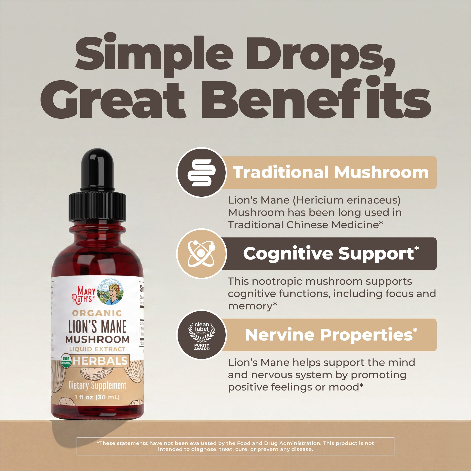Organic Lion’s Mane Liquid Drops 1oz Great Flavor Better Benefits