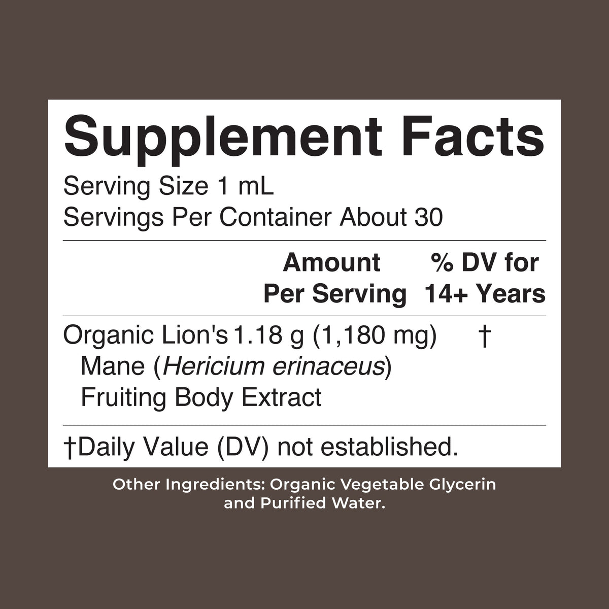 Organic Lion’s Mane Liquid Drops 1oz Supplement Facts