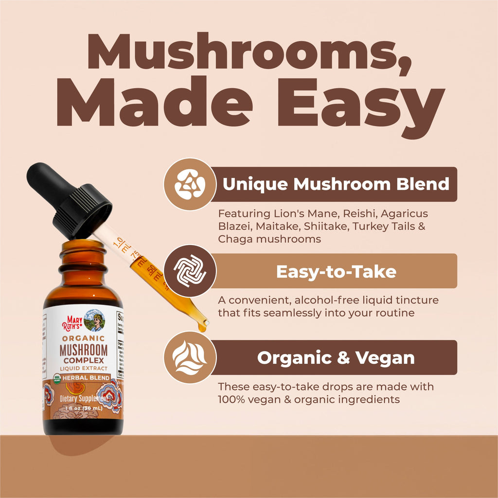 Organic Mushroom Complex Liquid Drops 1oz Great Flavor Better Benefits
