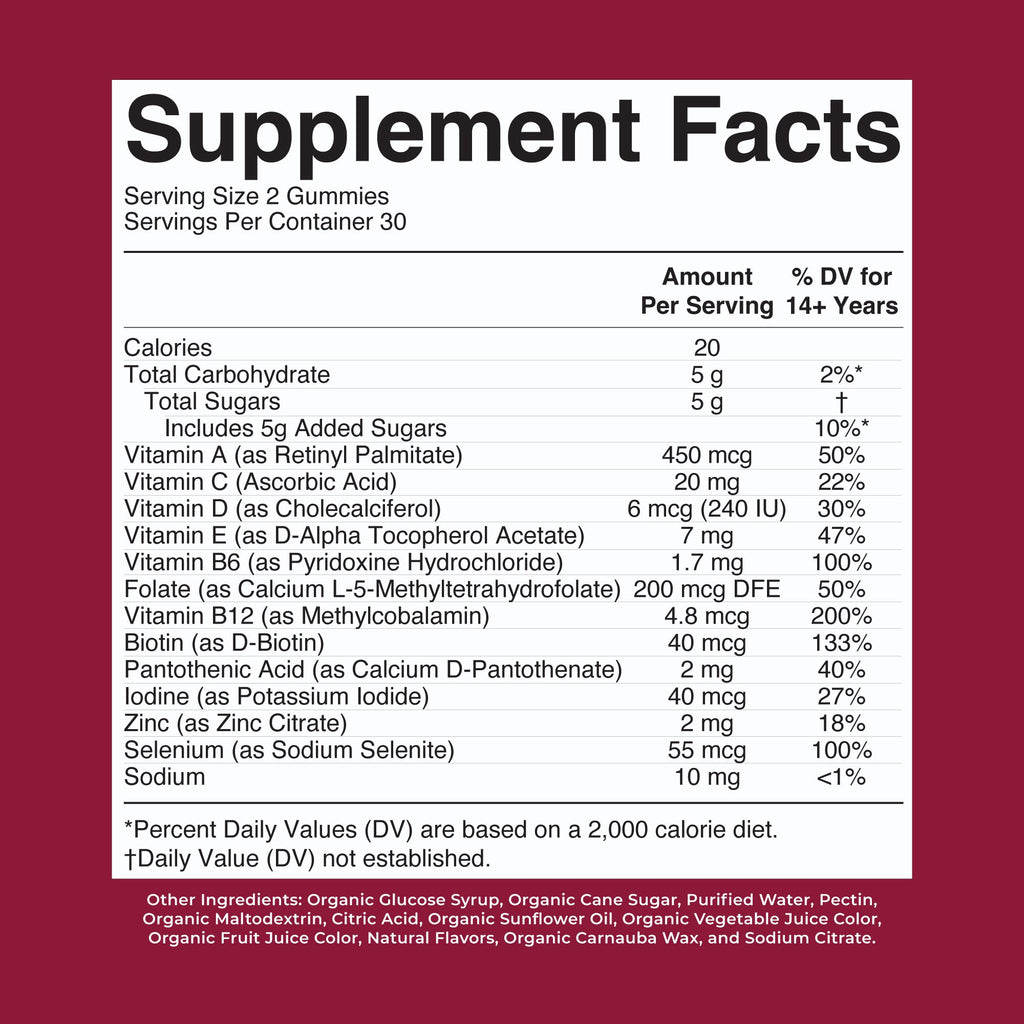 Organic Women's Multivitamin Gummies Cherry Raspberry 60CT Supplement Facts