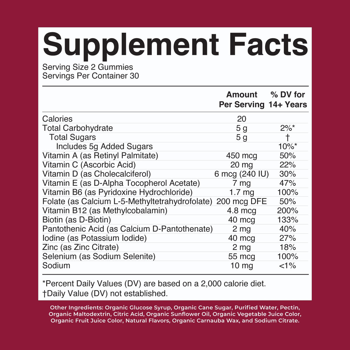 Organic Women's Multivitamin Gummies Cherry Raspberry 60CT Supplement Facts