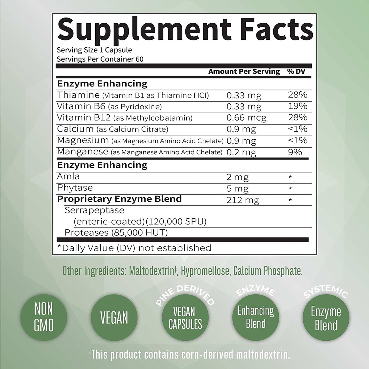 Serrapeptase Systemic Enzymes 60 Capsules Supplement Facts