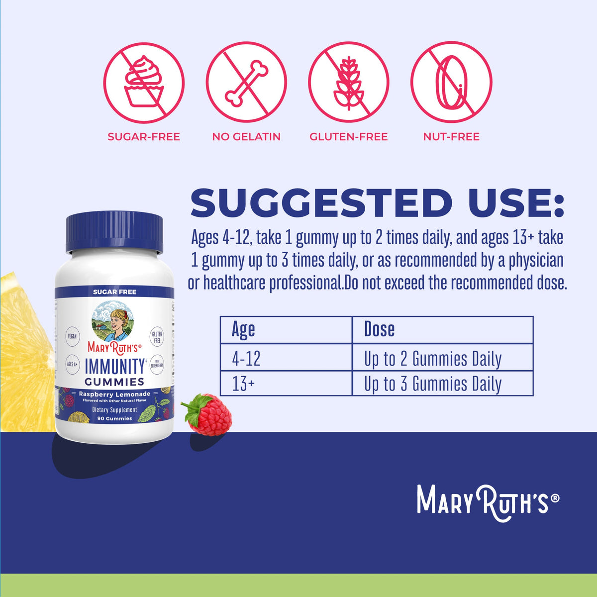 Sugar Free Immunity Gummies (Raspberry Lemonade) 90 count Suggested Use