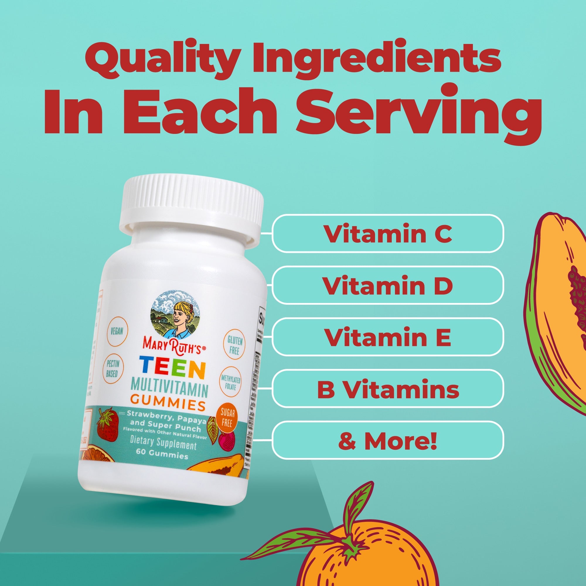 Teen Multivitamin Gummies Strawberry, Papaya, Super Punch 60ct Ingredients