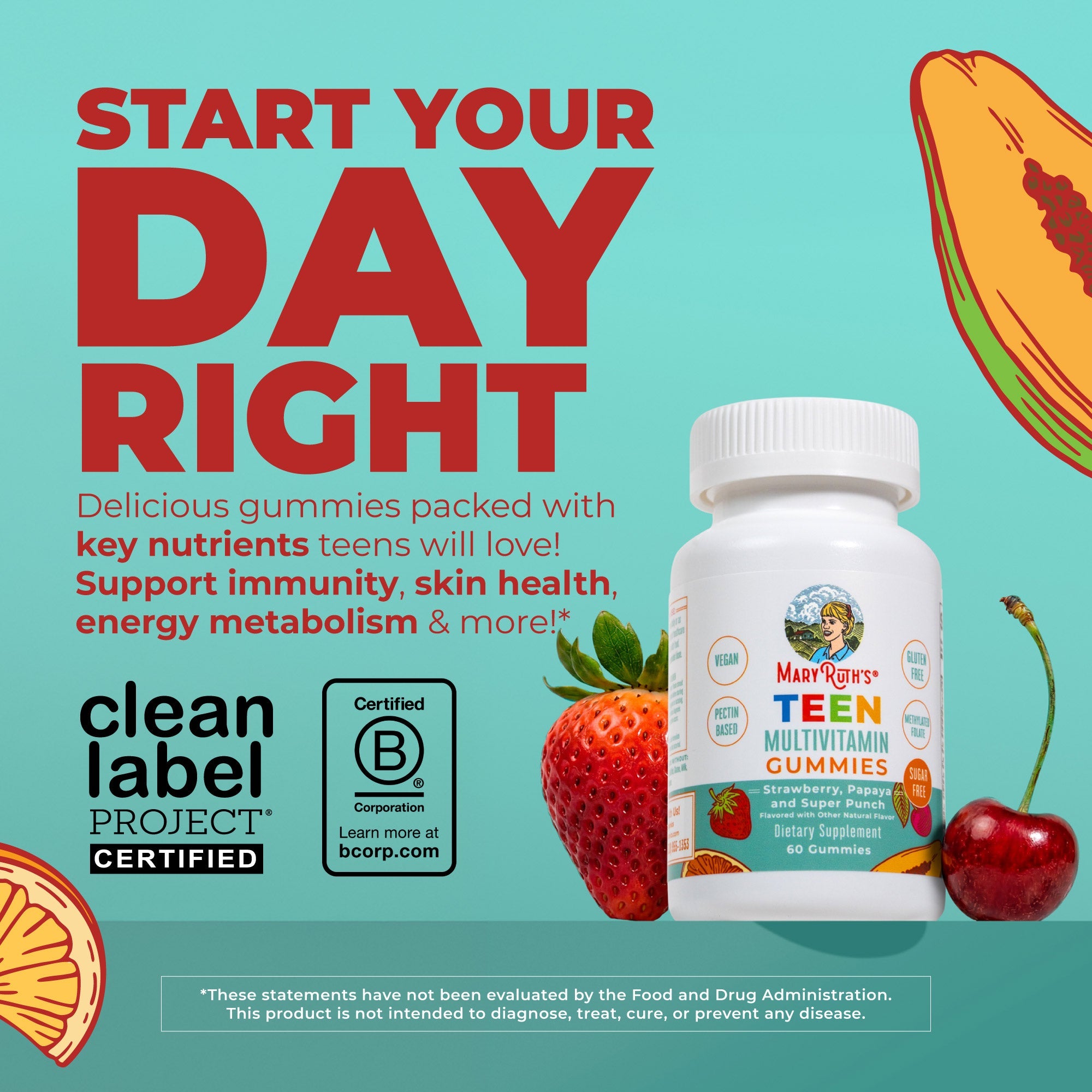 Teen Multivitamin Gummies Strawberry, Papaya, Super Punch 60ct Start Your Day Right