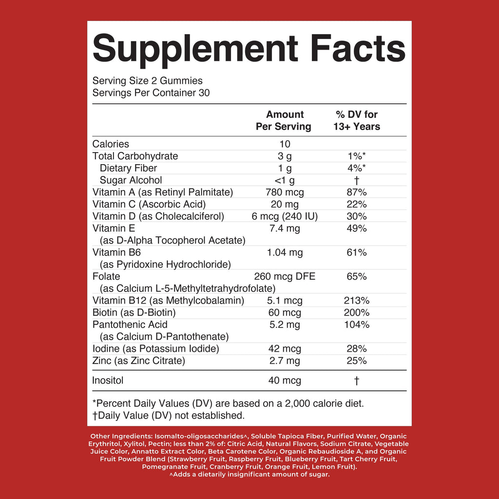 Teen Multivitamin Gummies Strawberry, Papaya, Super Punch 60ct Supplement Facts