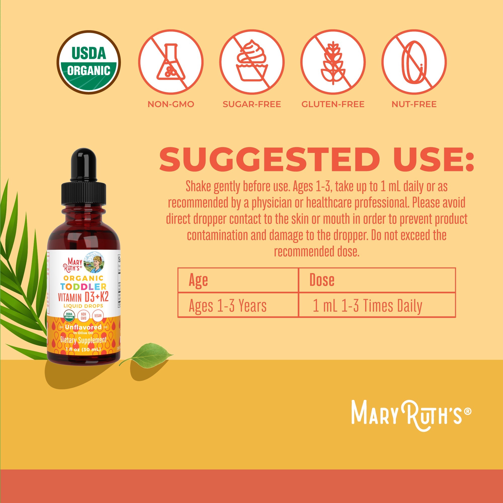 Toddler Vitamin D3+K2 Liquid Drops (Unflavored) 1 oz Suggested Use