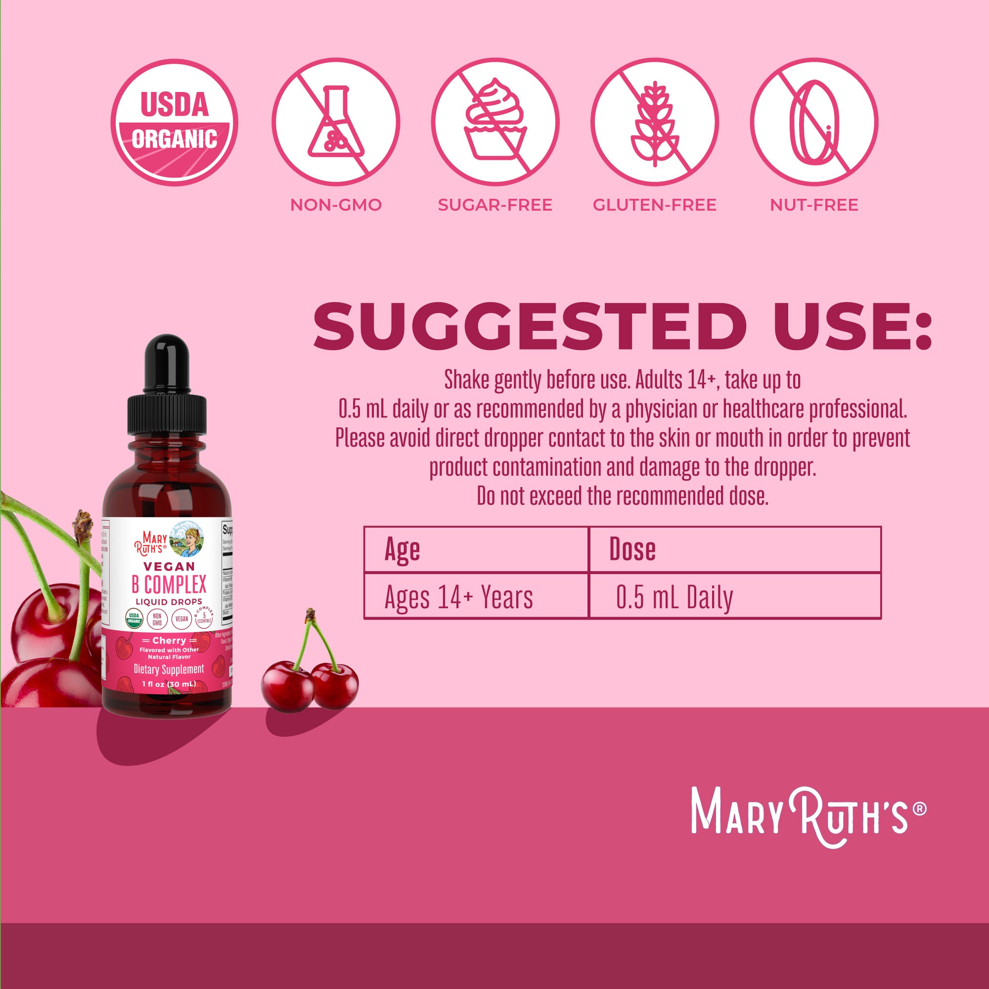 Vegan B-Complex Drops (Cherry) 1 oz Suggested Use