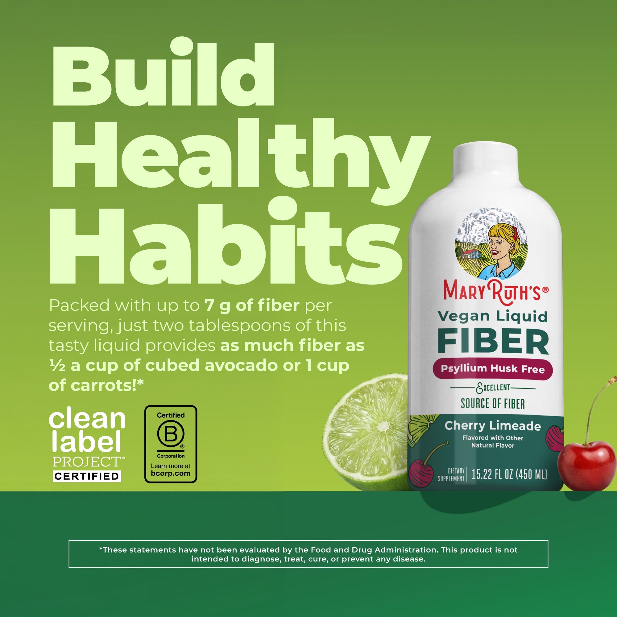 Vegan Liquid Fiber Cherry Limeade 15oz Build Healthy Habits