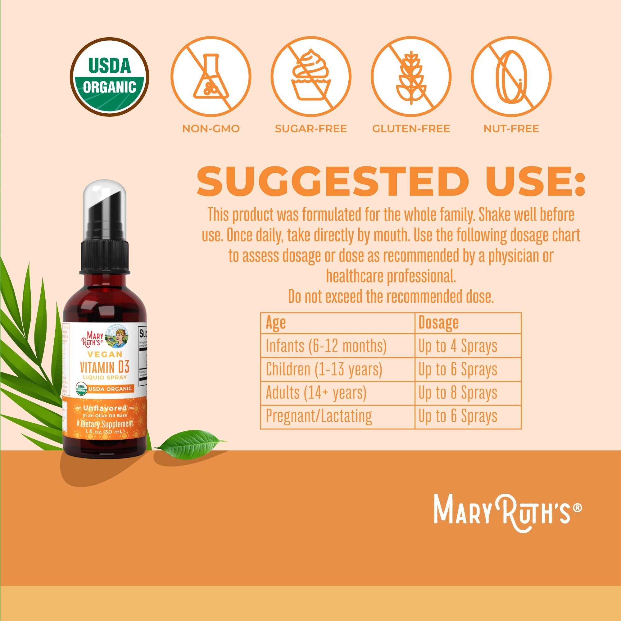 Vegan Vitamin D3 Liquid Spray (Unflavored) 1 oz Suggested Use