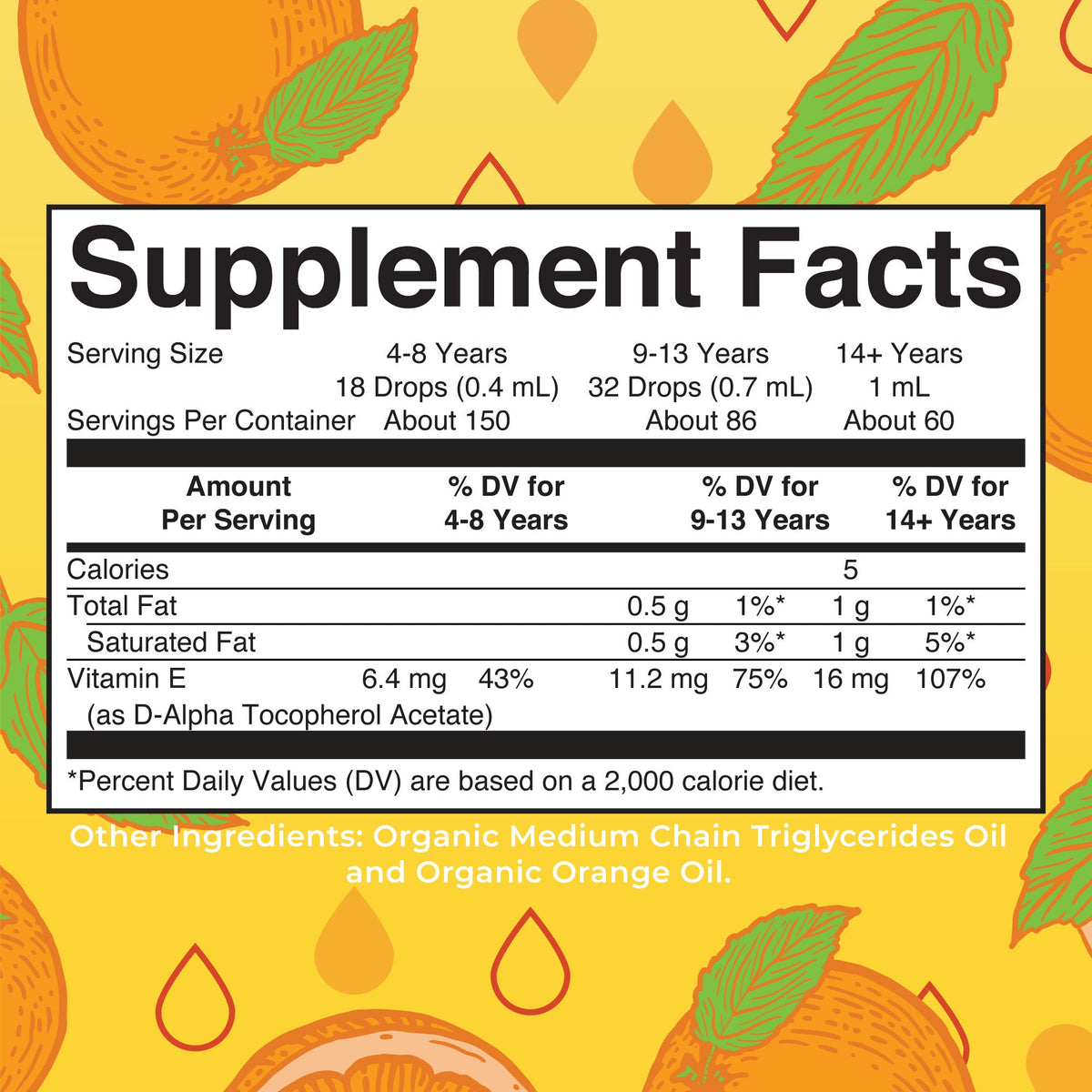 Vitamin E Organic Liquid Drops (Orange) 2 oz Supplement Facts